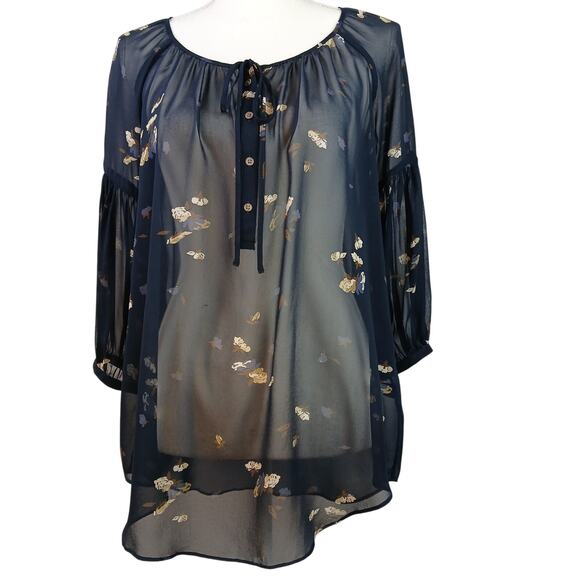 Club Monaco SZ XS 100% Silk Sheer Navy Blue Floral Blouse 4-Button Ties 00401299 - Picture 1 of 6